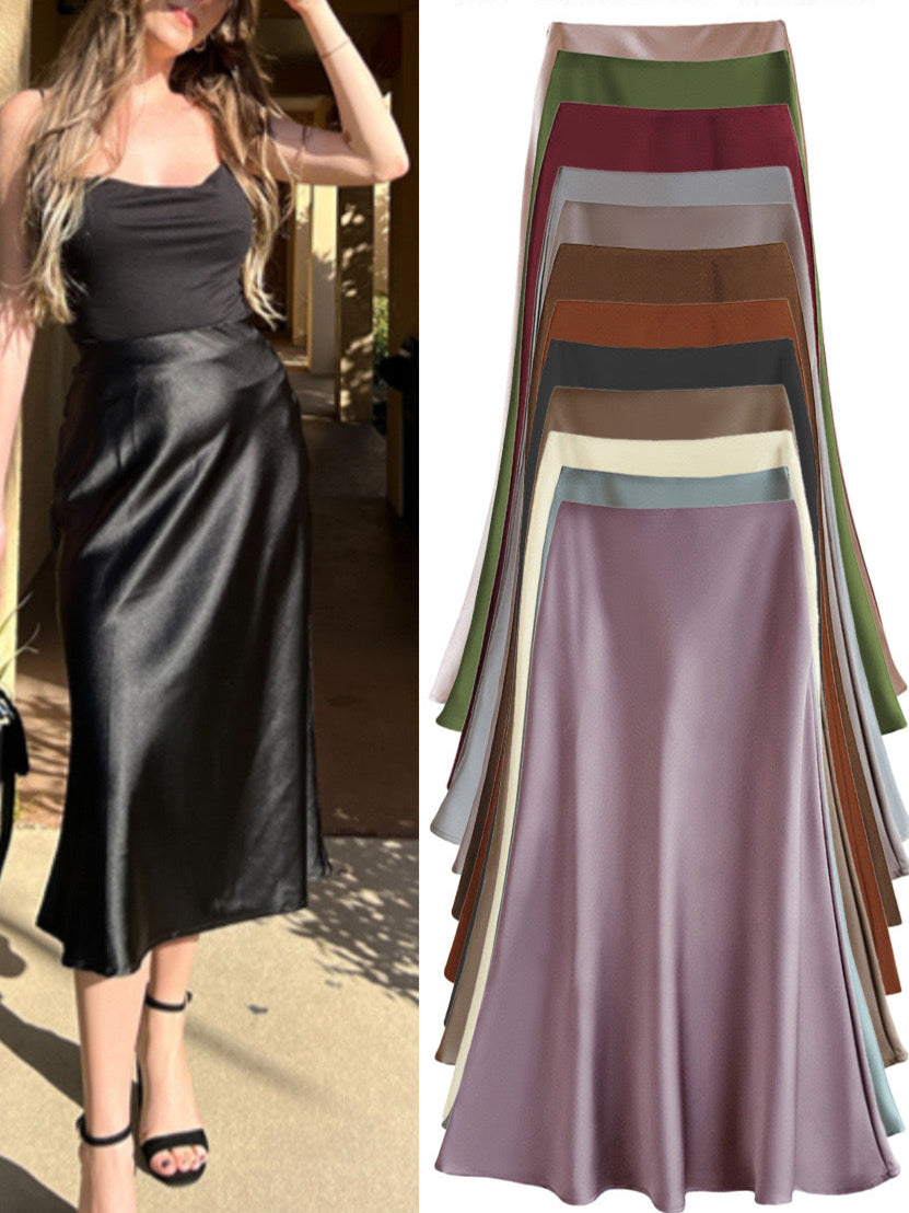 Sateen Maxi Skirt with Elastic Waistband and invisible zipper ( Black )
