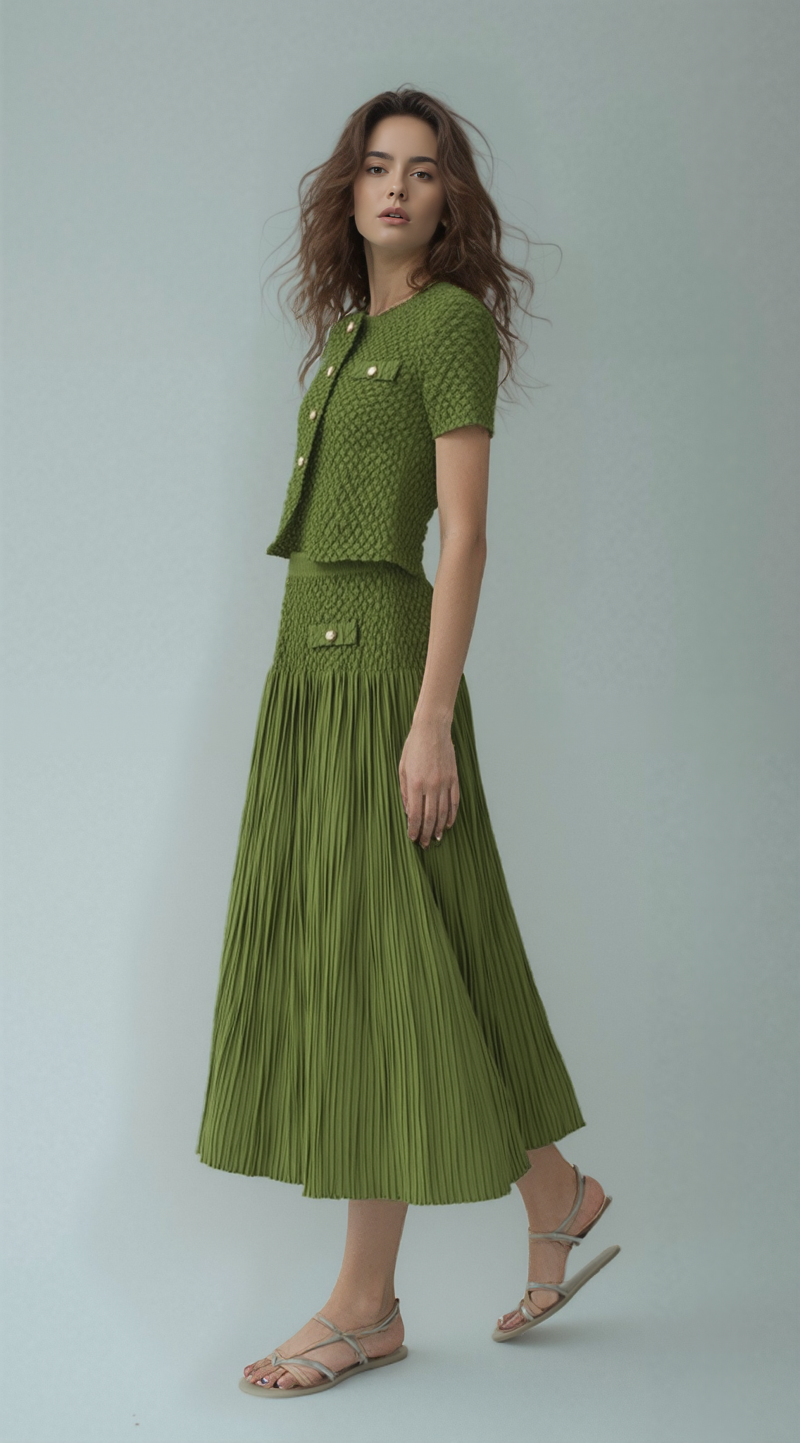 Pleated Chanel look mock pockets skirt (Green)