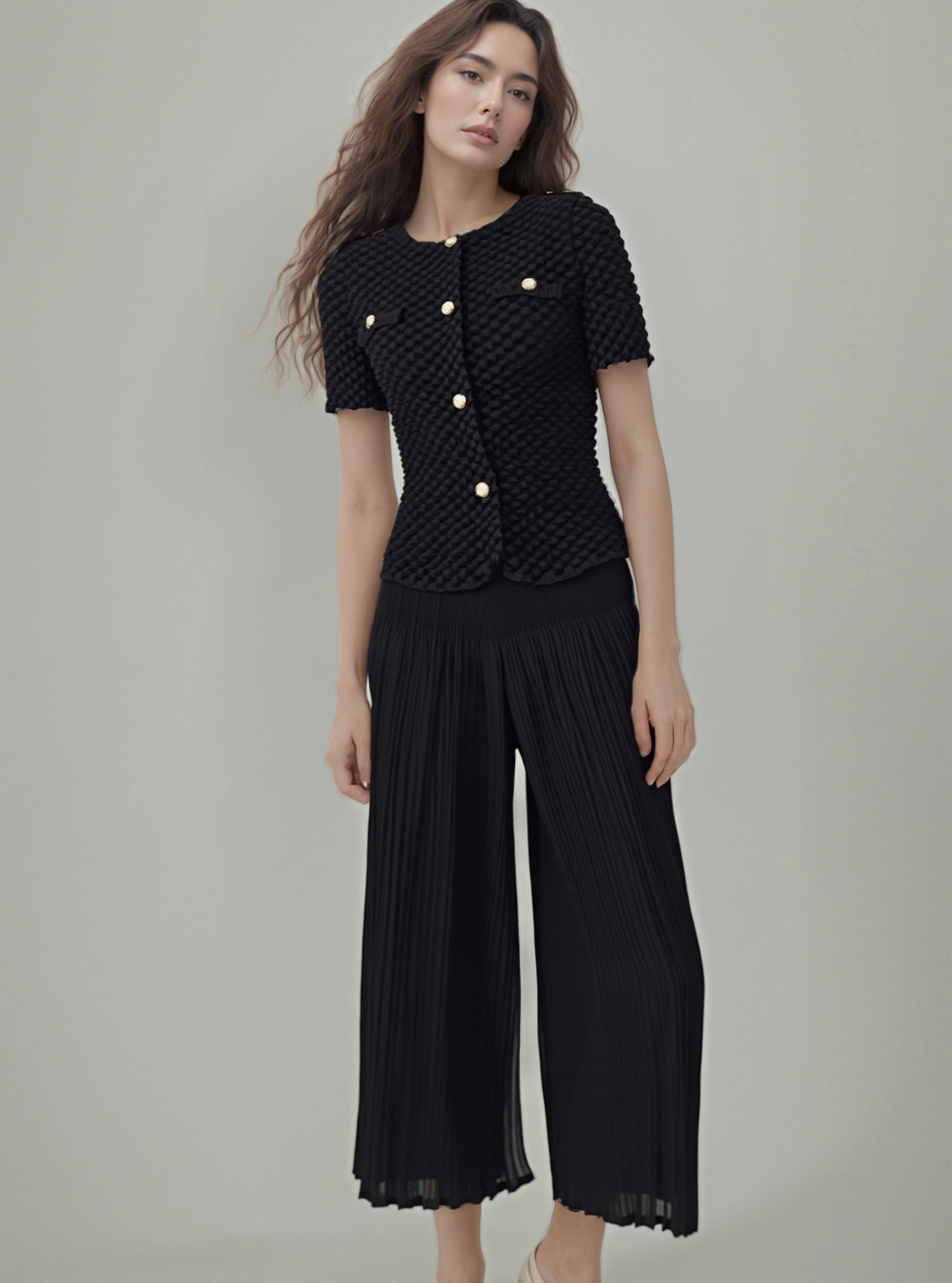 Pleated Chanel look mock jacket top with buttons ( Black )