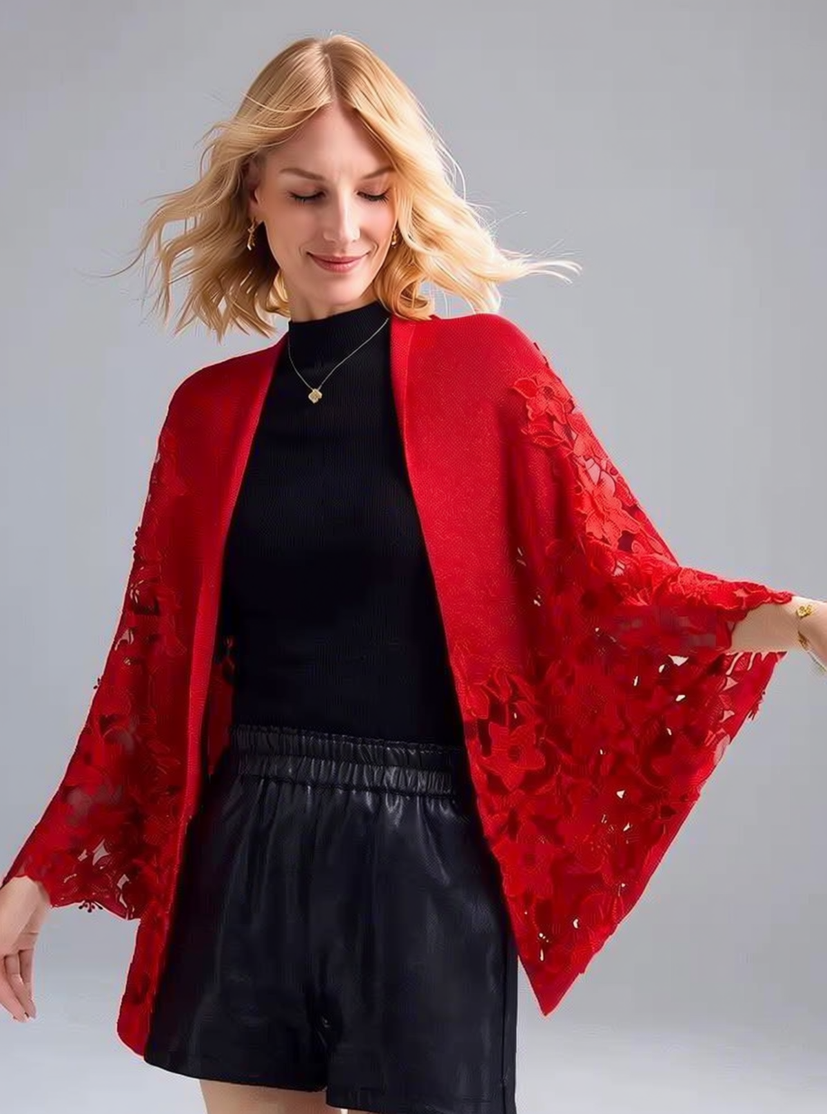 Floral Lace Insert Shimmer Knit Kimono - Black