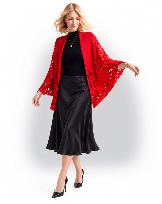Floral Lace Insert Shimmer Knit Kimono - Holiday Red