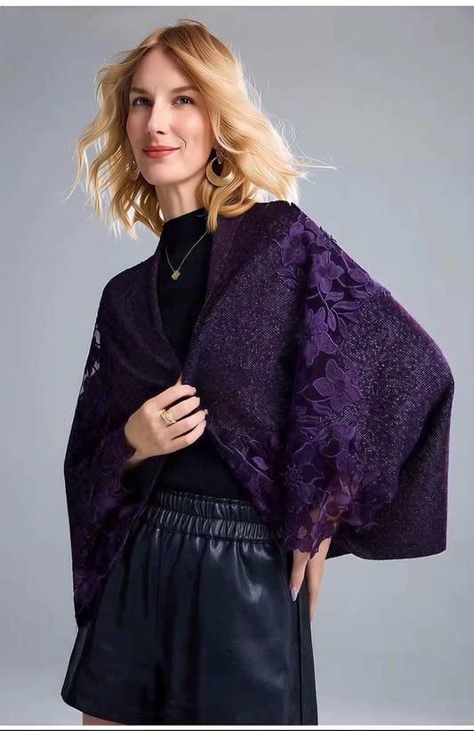 Floral Lace Insert Shimmer Knit Kimono - Violet