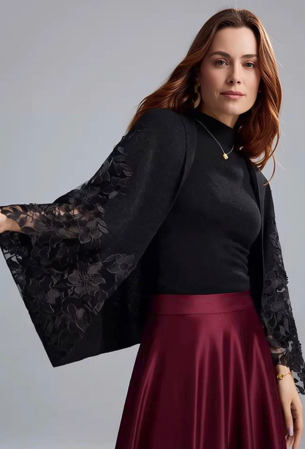Floral Lace Insert Shimmer Knit Kimono - Black