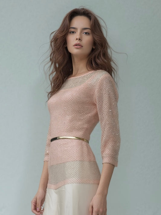 Diamond mesh 3/4 Sleeve Top  with Matching Cami( 4 sizes options) (Pink)