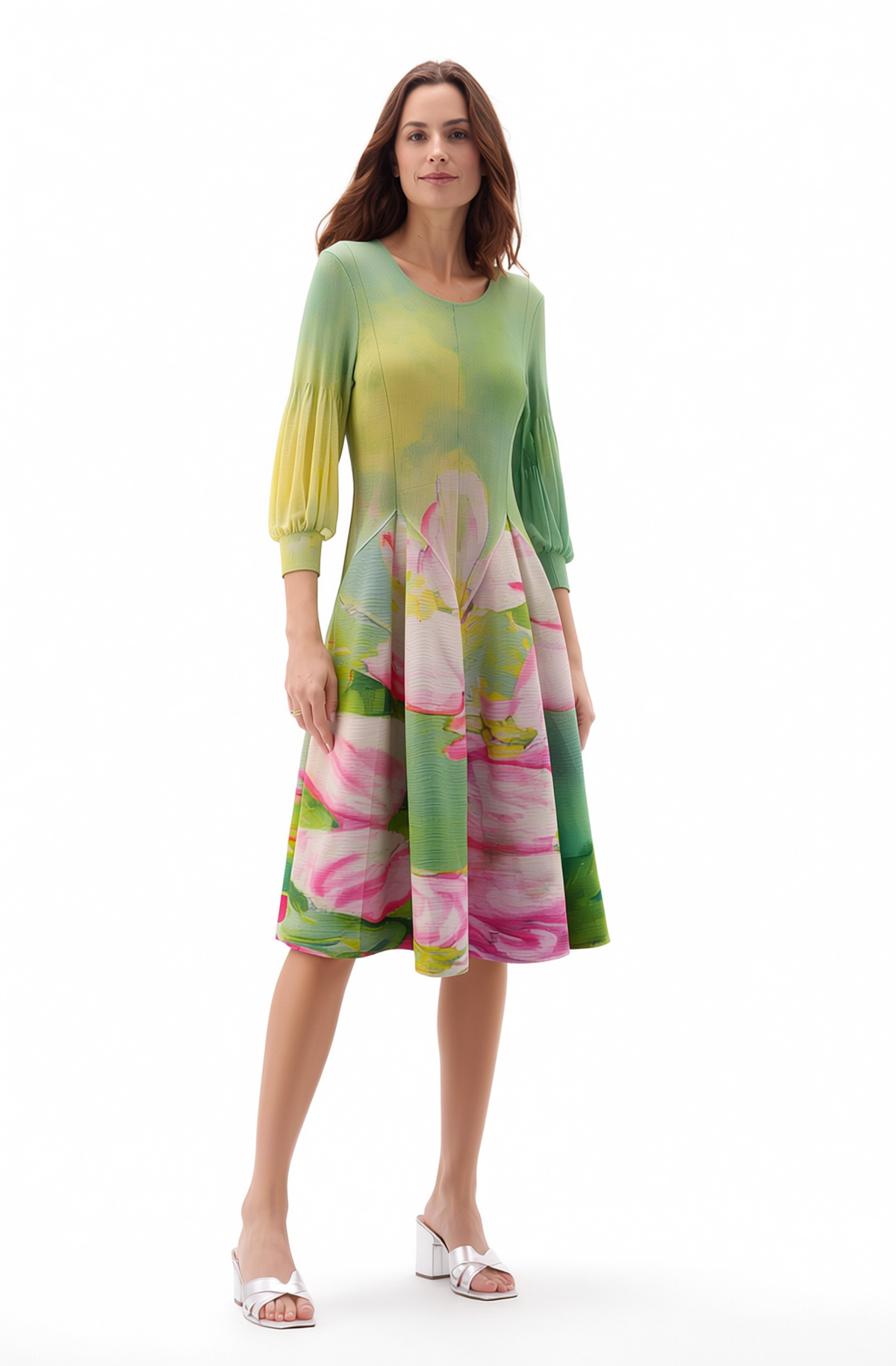 One-Size Pleated Floral Dress with Balloon Sleeves - Monet Water Lily