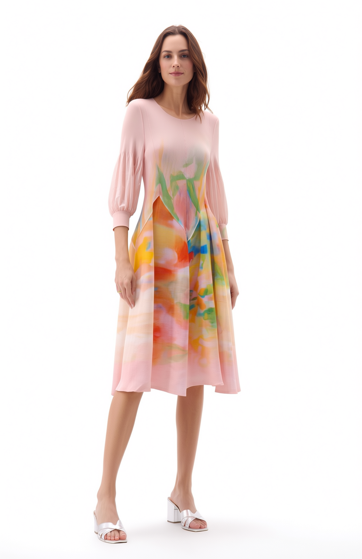 One-Size Pleated Floral Dress with Balloon Sleeves - Pink Watercolor