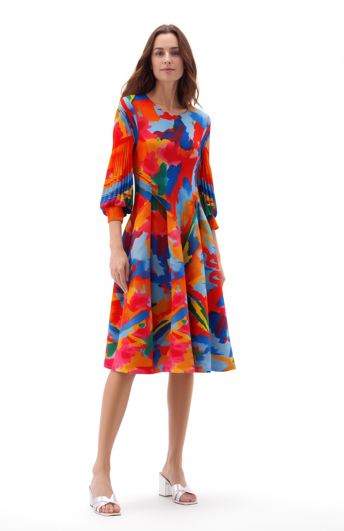 One-Size Pleated Floral Dress with Balloon Sleeves - Color Splash