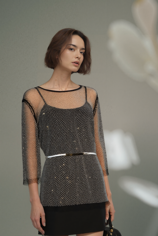 Diamond mesh 3/4 Sleeve Top  with Matching Cami( 4 sizes options) (Black)
