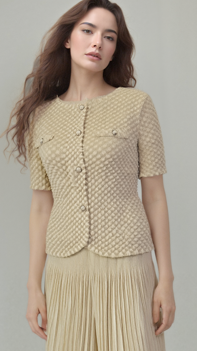 Pleated Chanel look mock jacket top with buttons (Apricot)