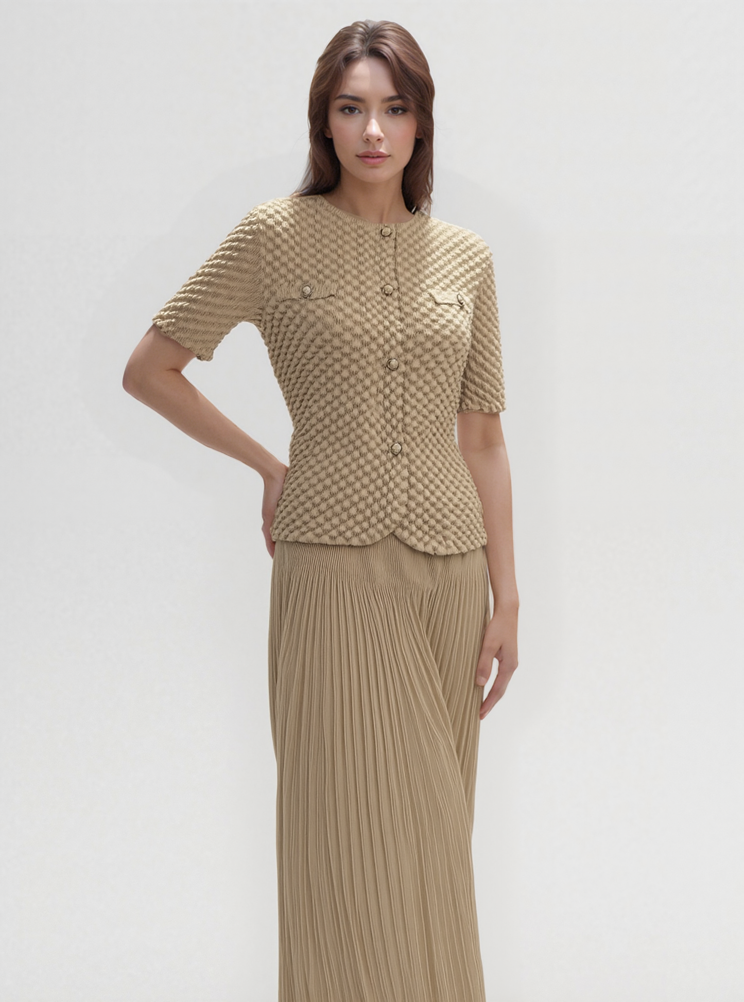 Pleated Chanel look mock jacket top with buttons (Apricot)