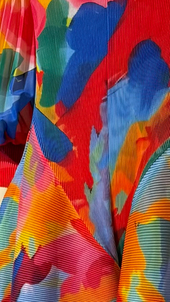 One-Size Pleated Floral Dress with Balloon Sleeves - Color Splash