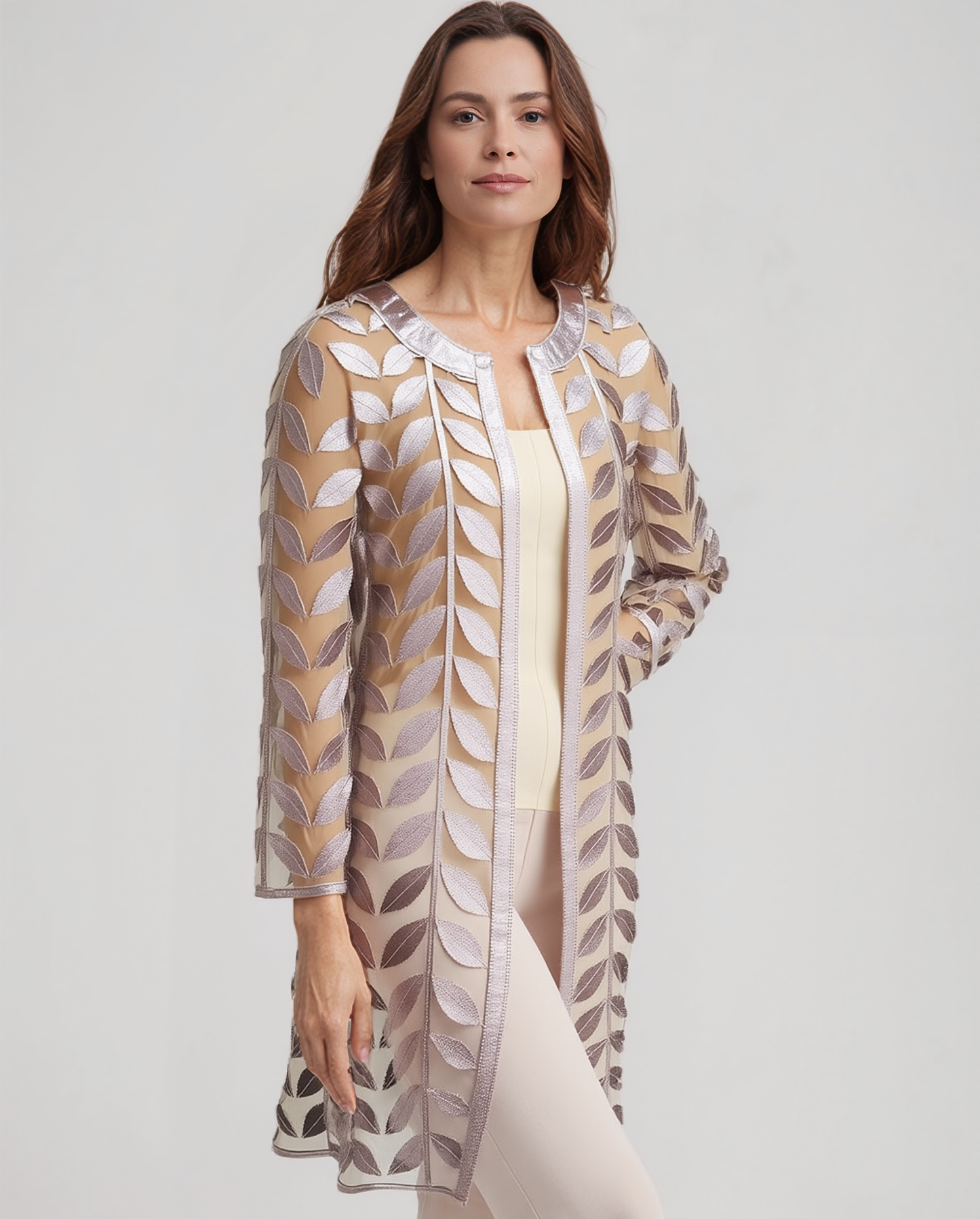 Faux Leather leaves long Jacket with Full sleeves (Silvergun)