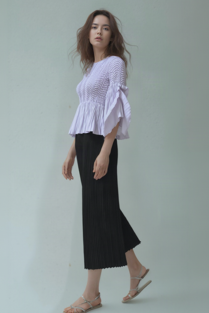 Pleated blouse top with flared sleeves & sweep (Lilac)