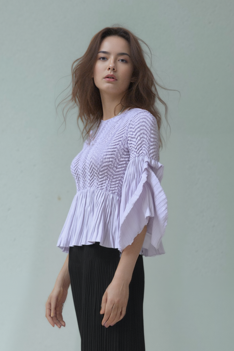 Pleated blouse top with flared sleeves & sweep (Lilac)