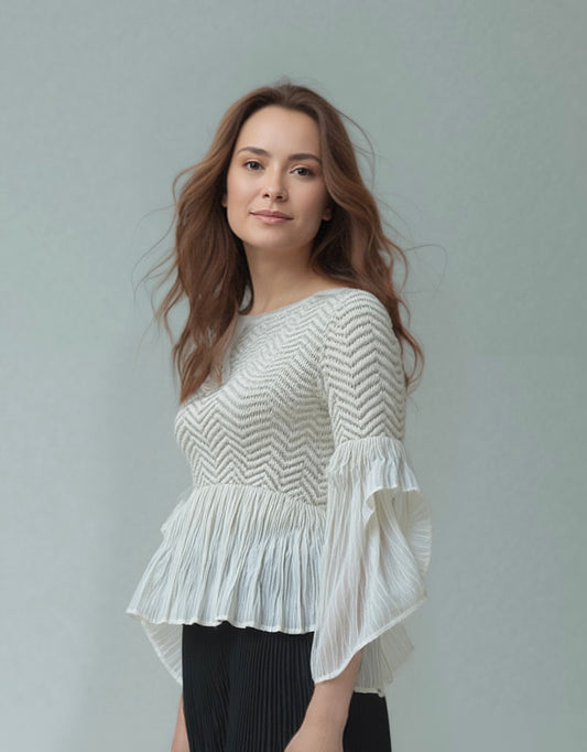 Pleated blouse top with flared sleeves & sweep (White)