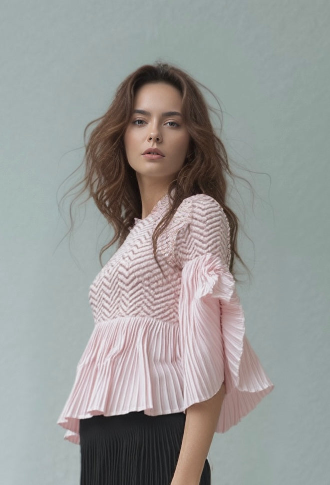Pleated blouse top with flared sleeves & sweep (Powder Pink)