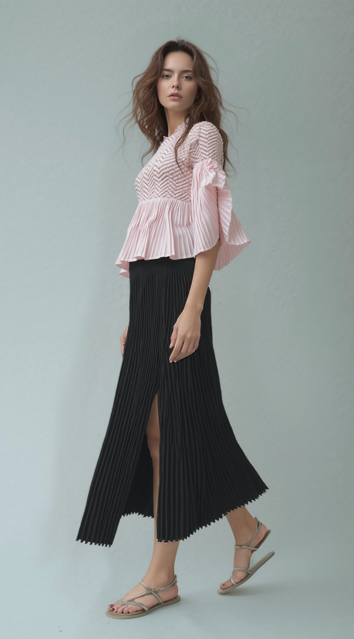 Pleated blouse top with flared sleeves & sweep (Powder Pink)