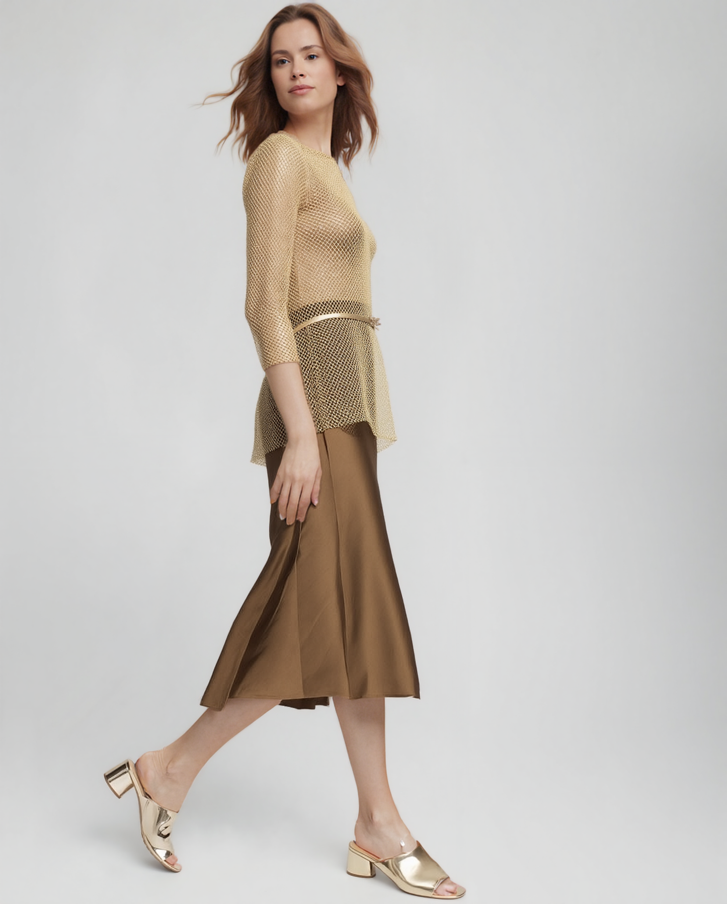 Diamond mesh 3/4 Sleeve Top  with Matching Cami( 4 sizes options) (Mocha)