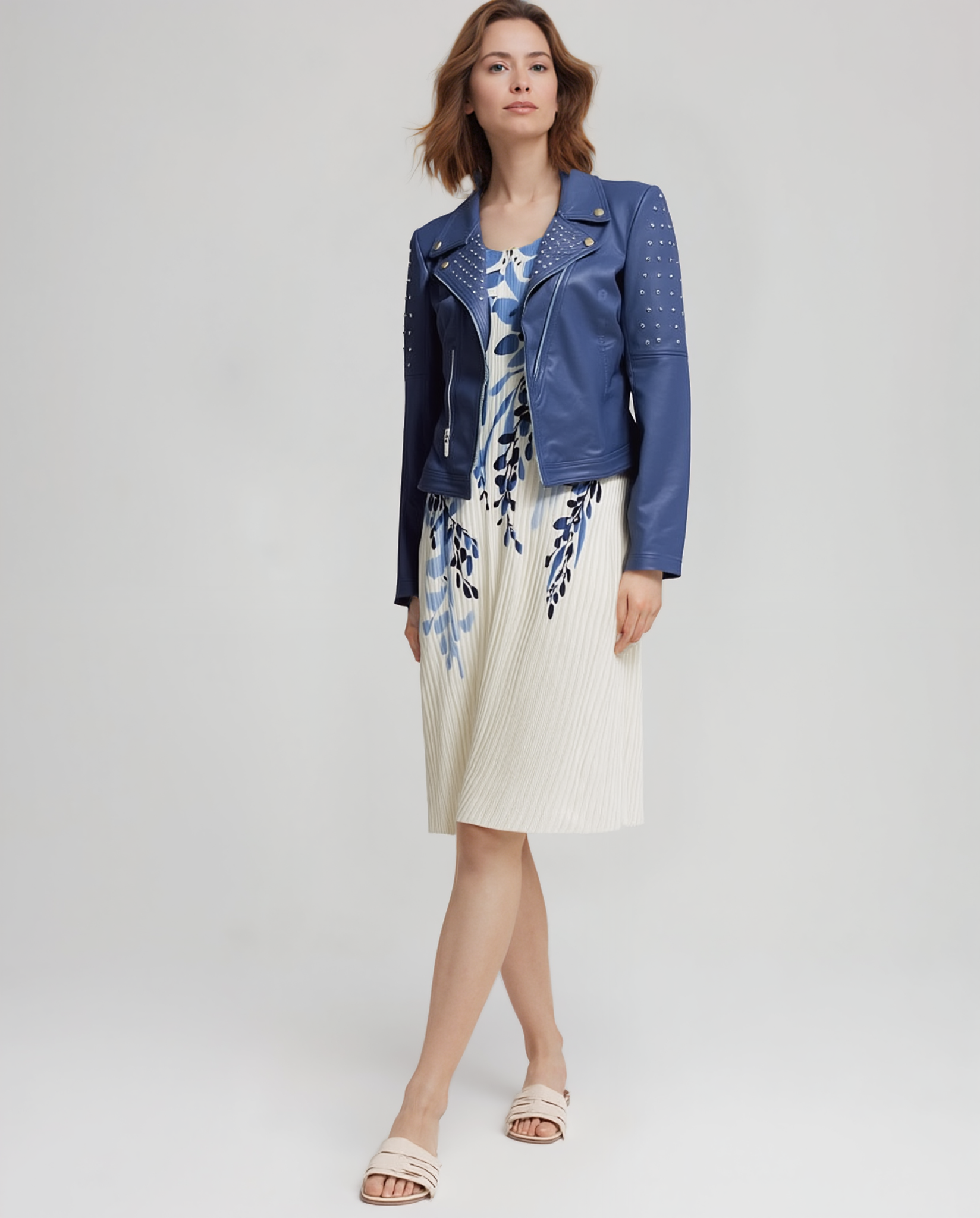 blue dress leather jacket How to Wear a Leather Jacket with a Dress and More! Ultimate Guide!