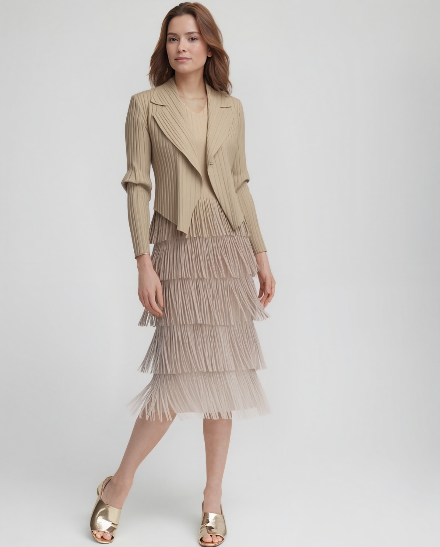 Pleating with Fringe Dress Set - Ombre Effect (Beige) Pleating with Fringe Dress Set - Ombre Effect (Beige)