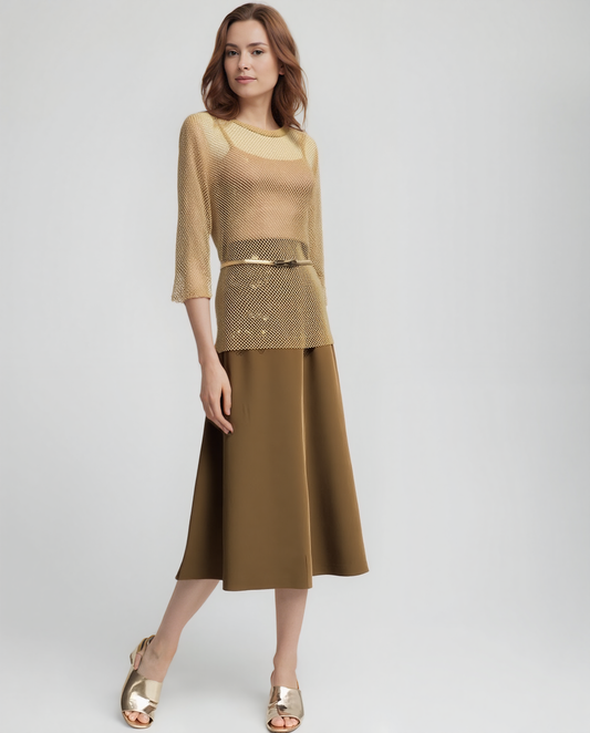 Diamond mesh 3/4 Sleeve Top  with Matching Cami( 4 sizes options) (Mocha)