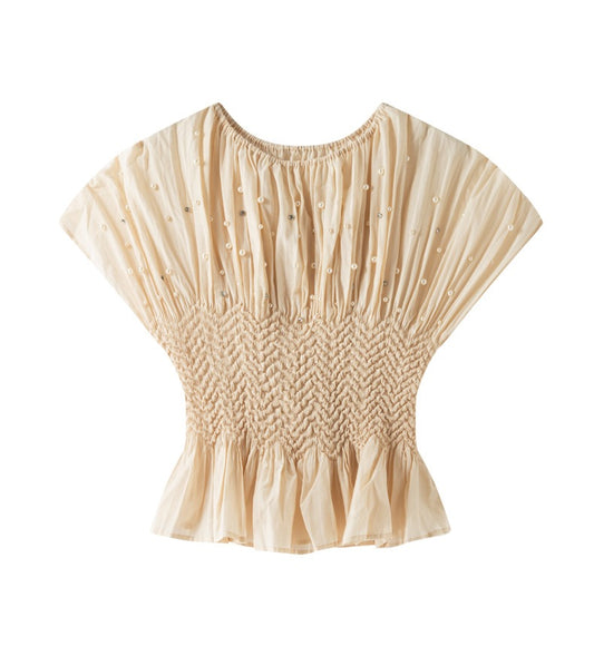 Pleated blouse top with pearls & Diamonds (Apricot)