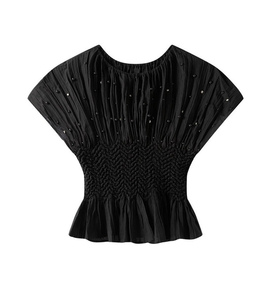Pleated blouse top with pearls & Diamonds (Black)