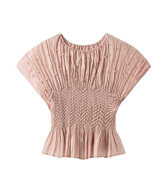 Pleated blouse top with pearls & Diamonds (Pink)