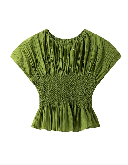 Pleated blouse top with pearls & Diamonds (Green)