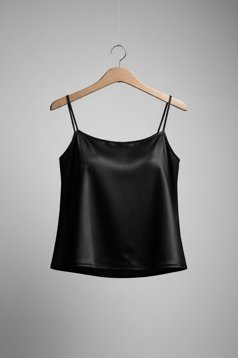 Stretch Satin Cami Top with adjustable spaghetti straps (Black)