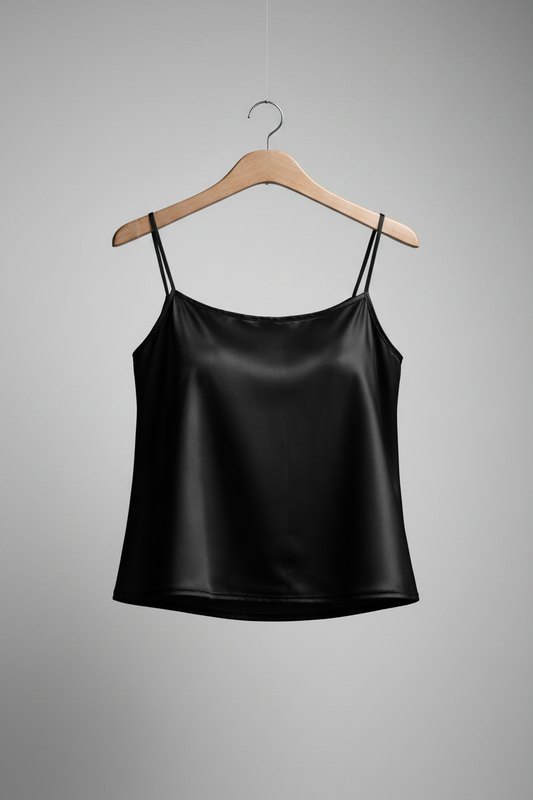 Stretch Satin Cami Top with adjustable spaghetti straps (Black)