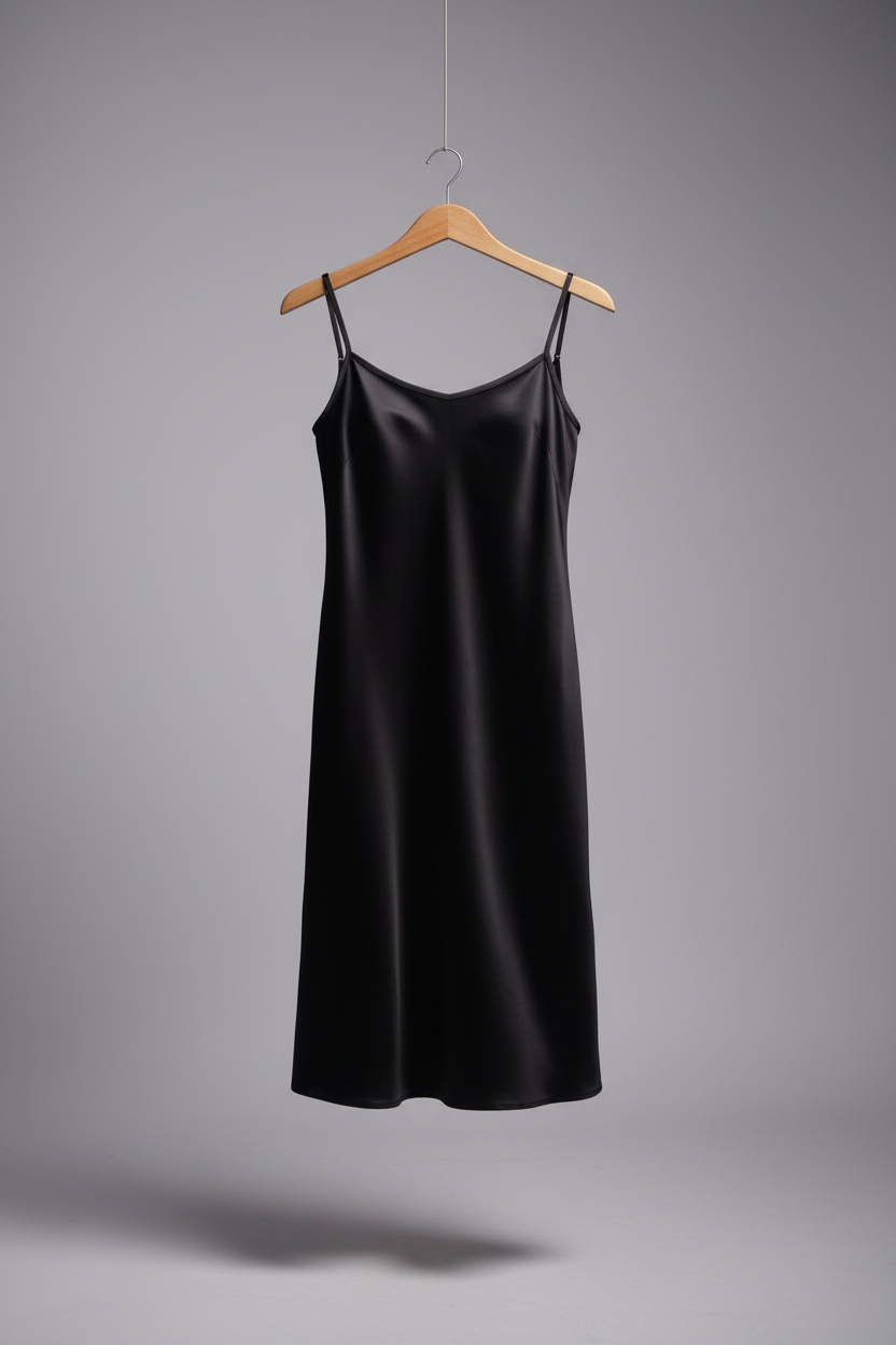 Stretch Satin Cami Dress  with adjustable spaghetti straps (Black)