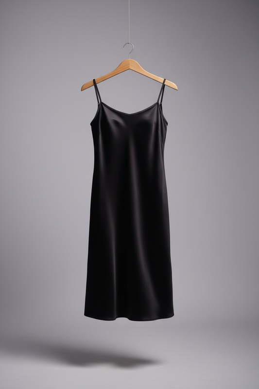 Stretch Satin Cami Dress  with adjustable spaghetti straps (Black)