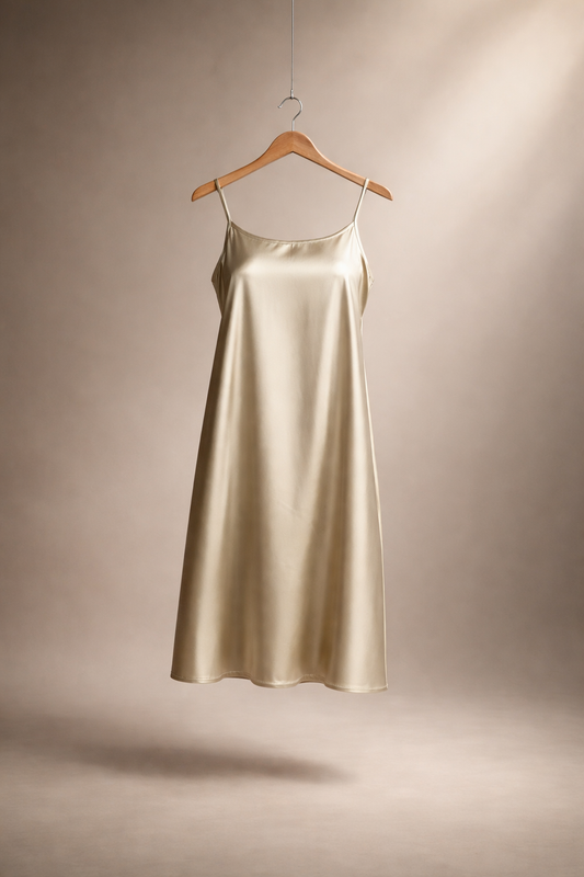 Stretch Satin Cami Dress  with adjustable spaghetti straps (Ivory)
