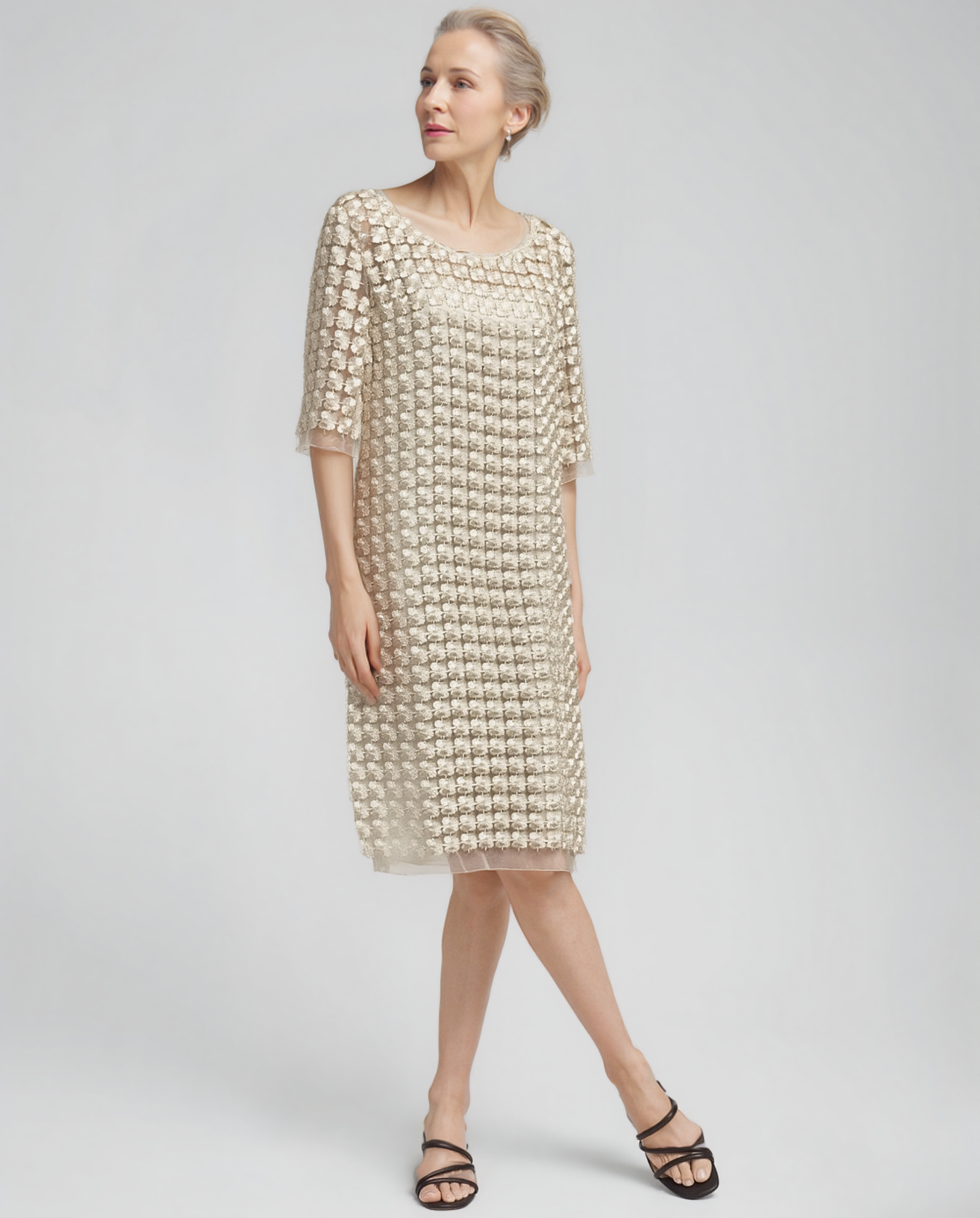 Lace Organza short sleeve Dress with matching cami dress  (Ivory)