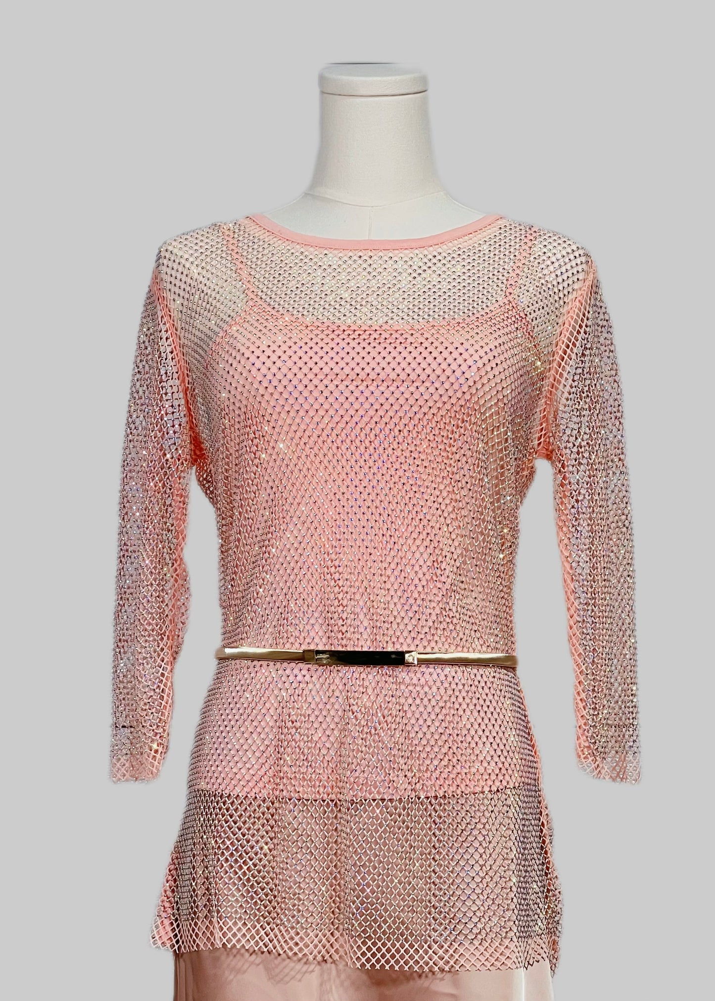 Diamond mesh 3/4 Sleeve Top  with Matching Cami( 4 sizes options) (Pink)