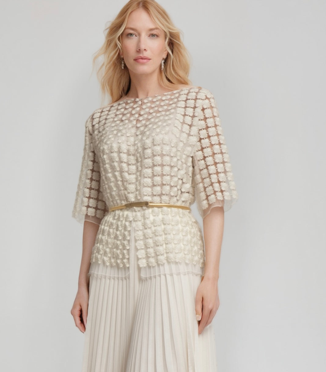 Short Lace Organza shirt with 3/4 sleeves  (Ivory)