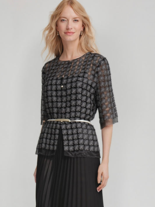 Short Lace Organza shirt with 3/4 sleeves  (Black)