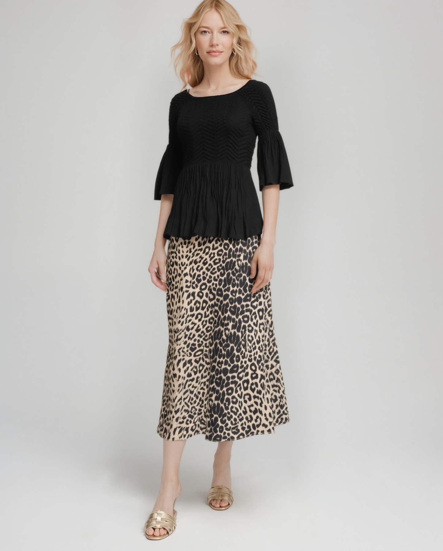 Pleated blouse off shoulder  top with flared sleeves & sweep (Black)