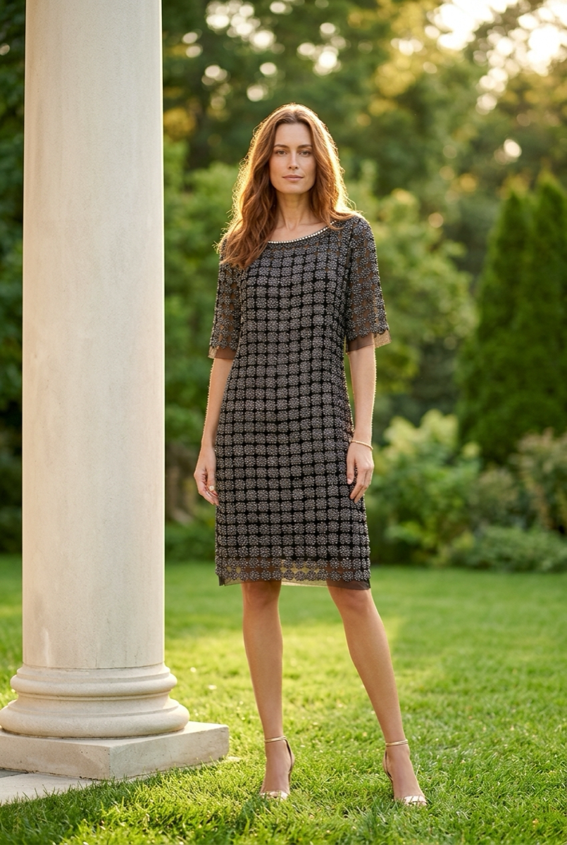 Lace Organza short sleeve Shift Dress with matching cami dress  (Black)