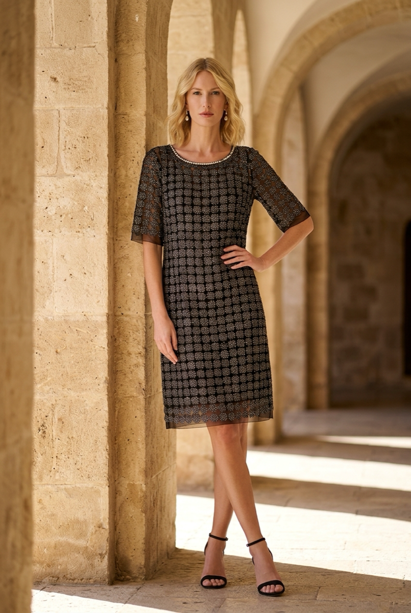 Lace Organza short sleeve Shift Dress with matching cami dress  (Black)