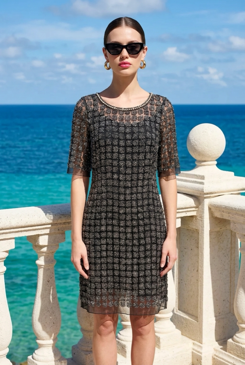 Lace Organza short sleeve Shift Dress with matching cami dress  (Black)