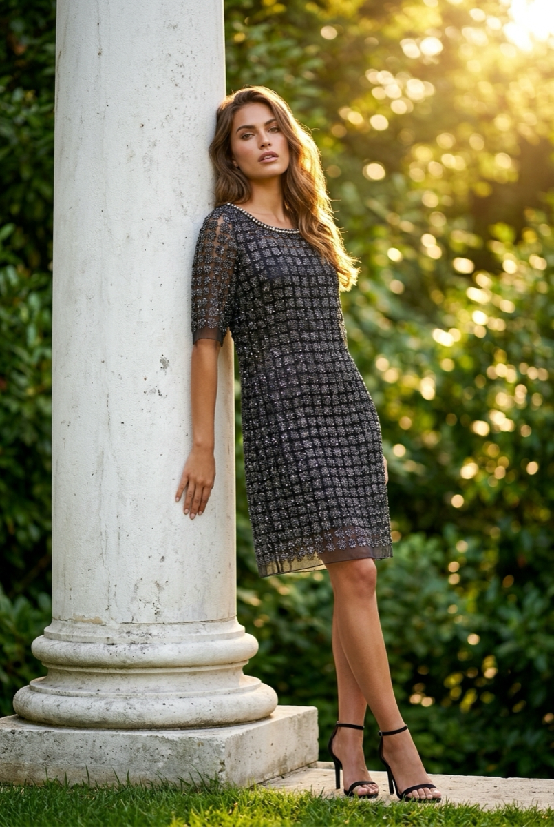 Lace Organza short sleeve Shift Dress with matching cami dress  (Black)