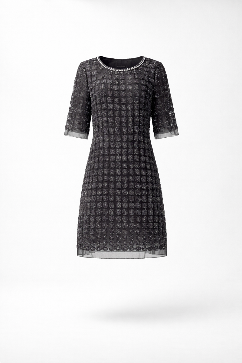 Lace Organza short sleeve Shift Dress with matching cami dress  (Black)