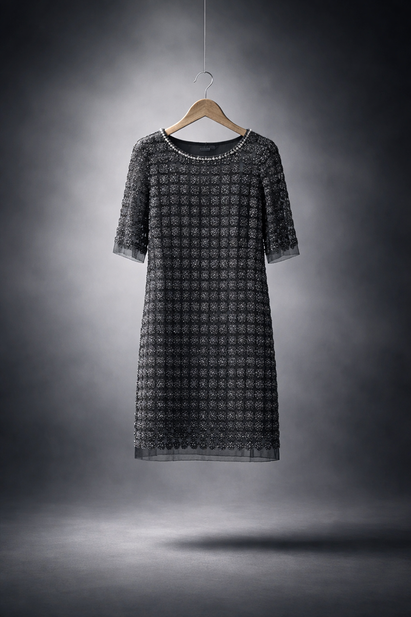 Lace Organza short sleeve Shift Dress with matching cami dress  (Black)