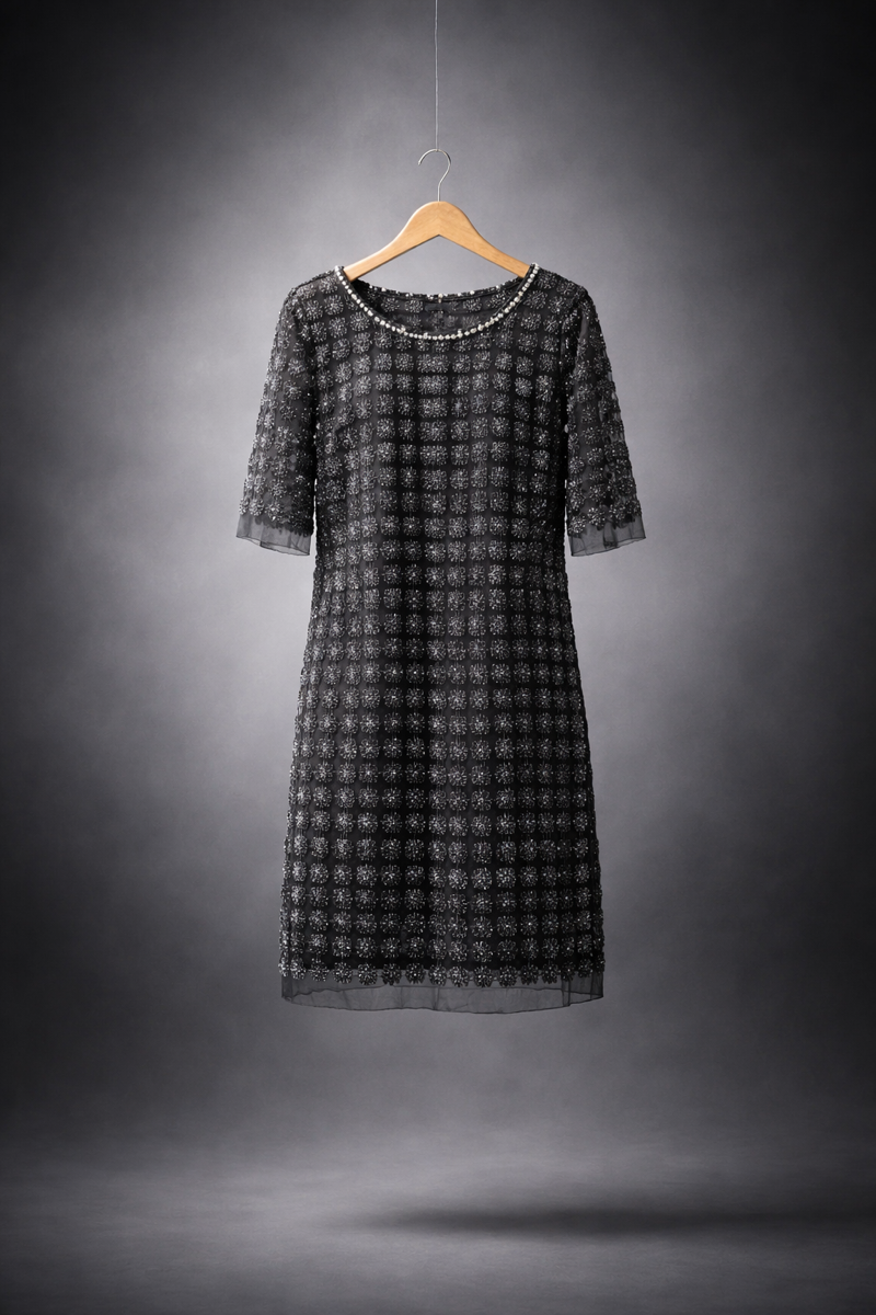 Lace Organza short sleeve Shift Dress with matching cami dress  (Black)