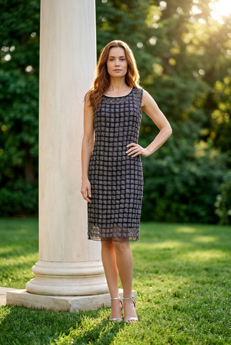 Lace Organza sleeveless Shift Dress with matching cami dress  (Black)