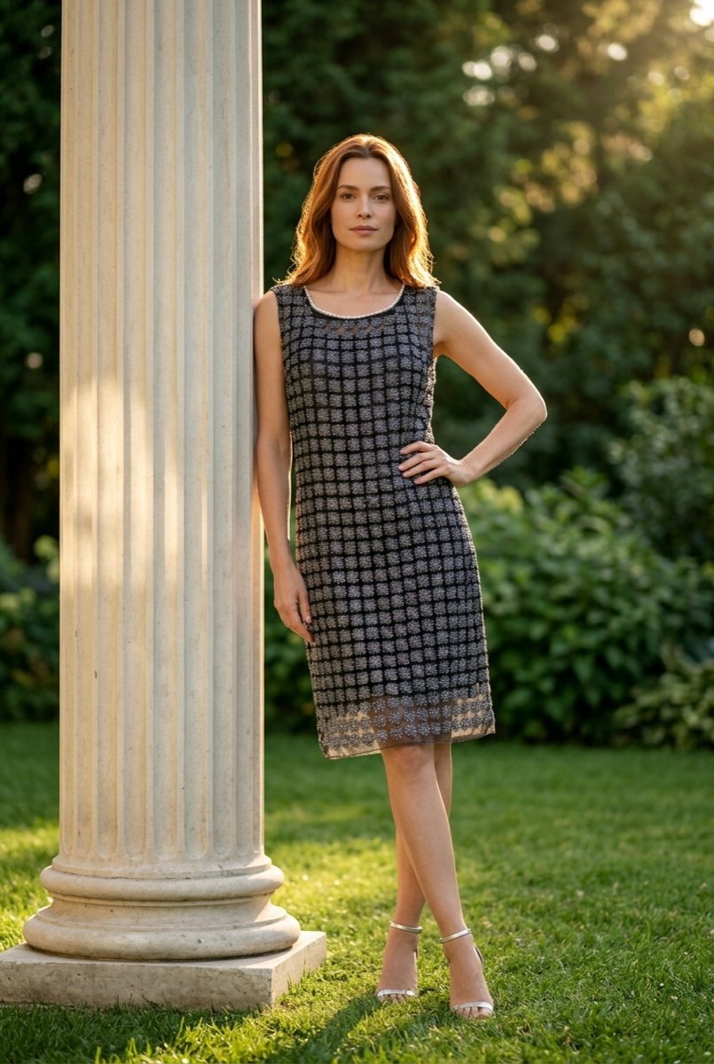 Lace Organza sleeveless Shift Dress with matching cami dress  (Black)