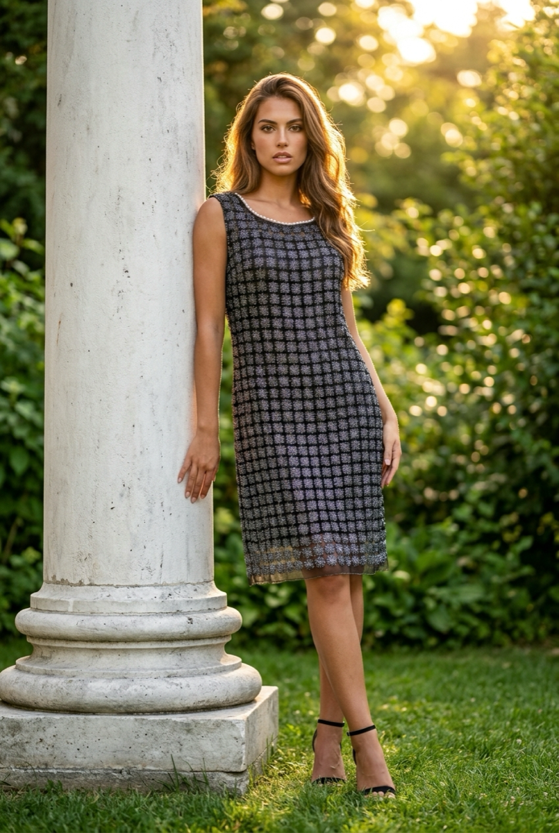 Lace Organza sleeveless Shift Dress with matching cami dress  (Black)
