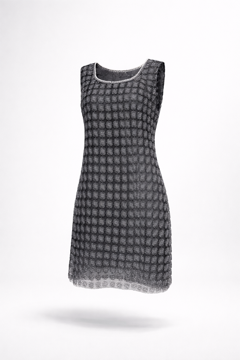 Lace Organza sleeveless Shift Dress with matching cami dress  (Black)
